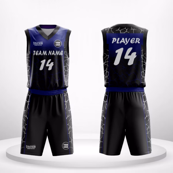 Thunder Strike basketball custom jersey with a blue-and-black lightning pattern.