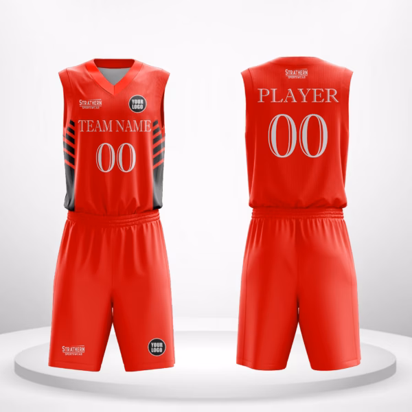 Red Strike USA basketball uniform with bold red base and contrasting black stripes under the arms.