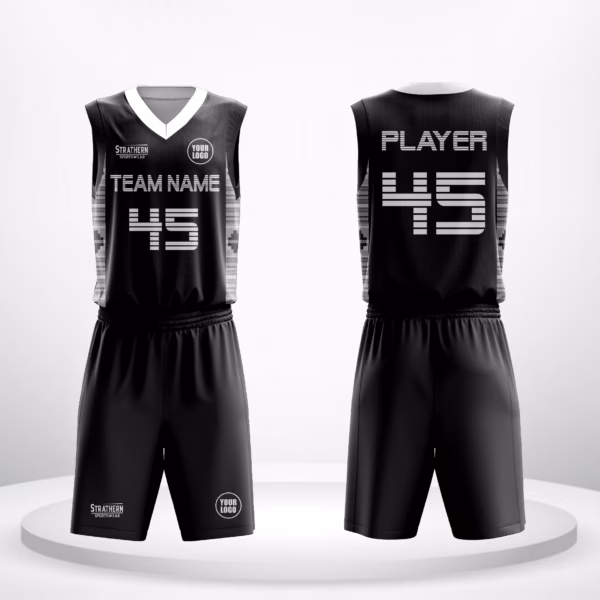 Shadow Edge NBA basketball uniform front view in sleek black with black-and-white side detailing.