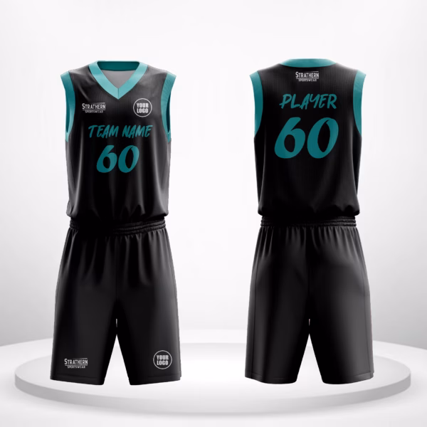 Aqua Noir Nike basketball uniform with a black base and vibrant turquoise borders and lettering.