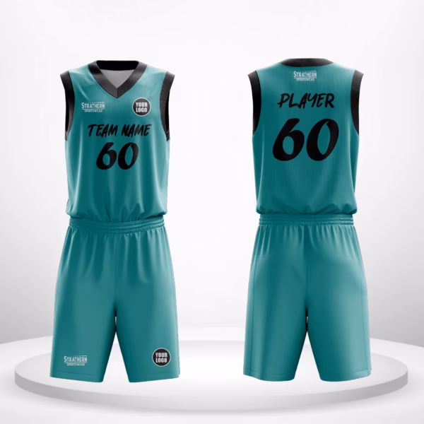 Ocean Surge adidas basketball uniform front view in turquoise with bold black borders and lettering.