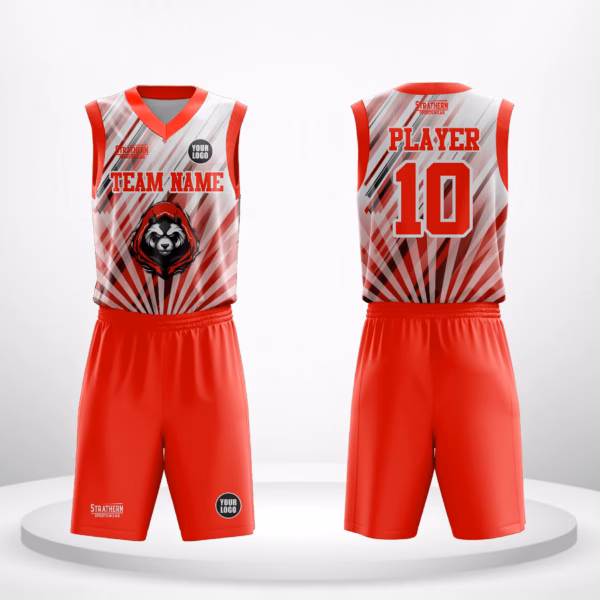 Panda Prestige NBA basketball uniform featuring panda head graphic and sleek red and white stripes.