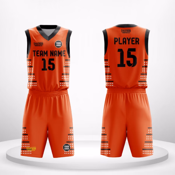 Spotted Blaze MSU basketball jersey in vibrant orange with black borders and dotted pattern.