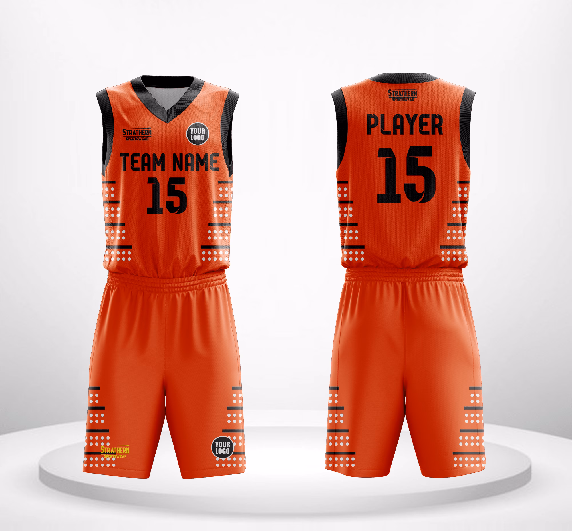Spotted Blaze MSU basketball jersey in vibrant orange with black borders and dotted pattern.