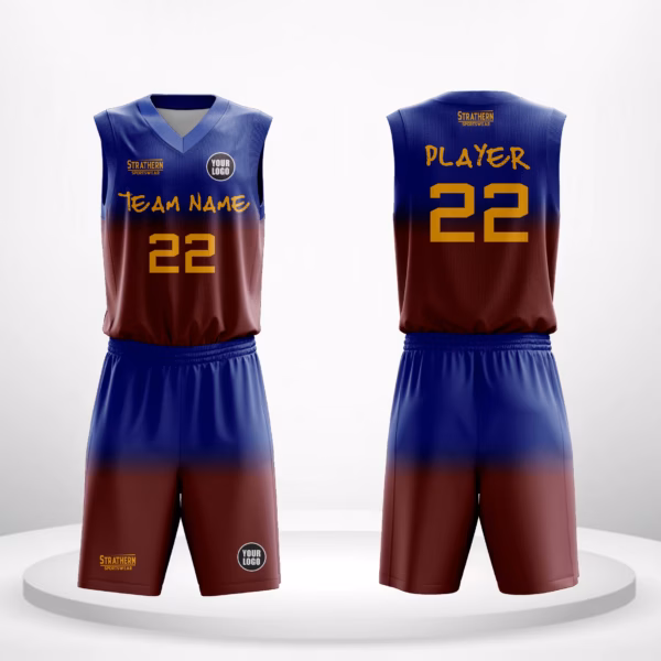 Royal Gradient customizable basketball jerseys with vibrant blue base and energetic orange lettering.