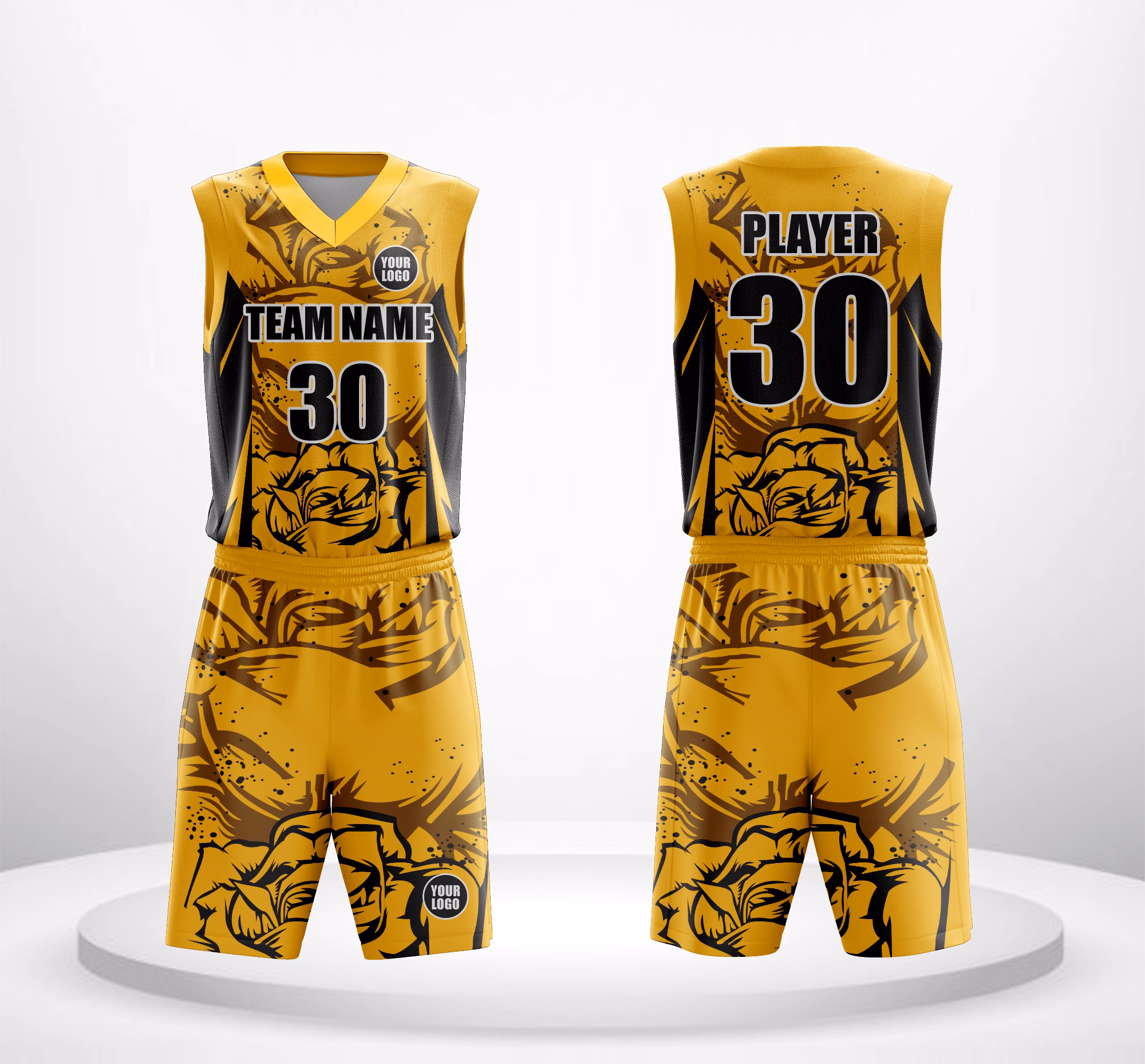 Golden Bloom custom design basketball uniforms with vibrant yellow base and black floral pattern.