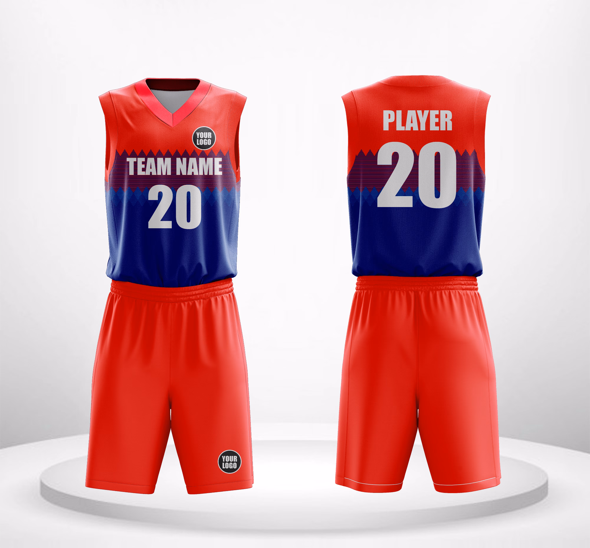 Tri-Champion basketball uniform creator front view in bold red, blue, and purple.