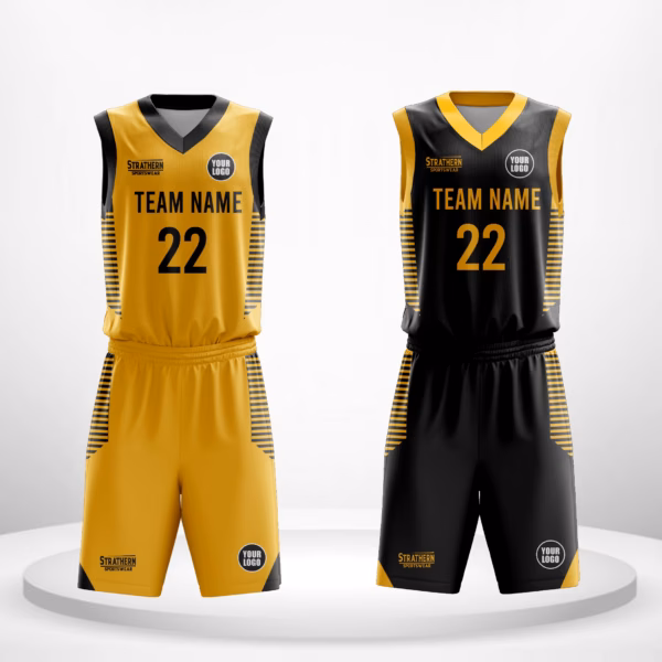 Titan Edge reversible basketball kit with premium yellow and black tones, featuring horizontal line accents.