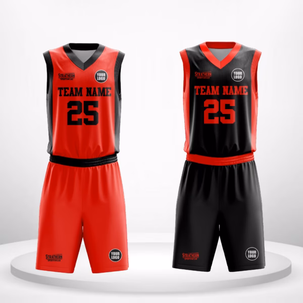 Crimson Contrast Reversible basketball uniforms in red with black accents and sleek design.
