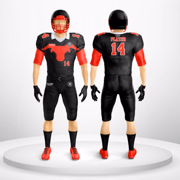 Bull Vanguard custom American football uniforms with a bold black jersey, red sleeves, an iconic bull face, and matching customizable shorts and socks.