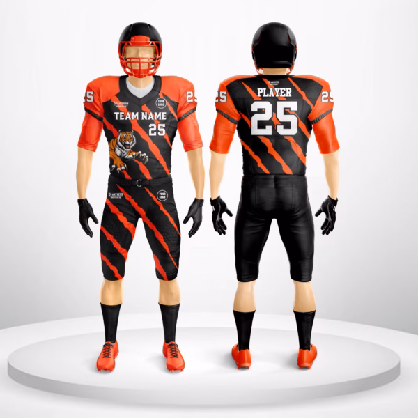 Fiery red Tiger Blitz American Football Custom Uniforms with tiger patterns, customizable team logos, and names for superior performance and style.