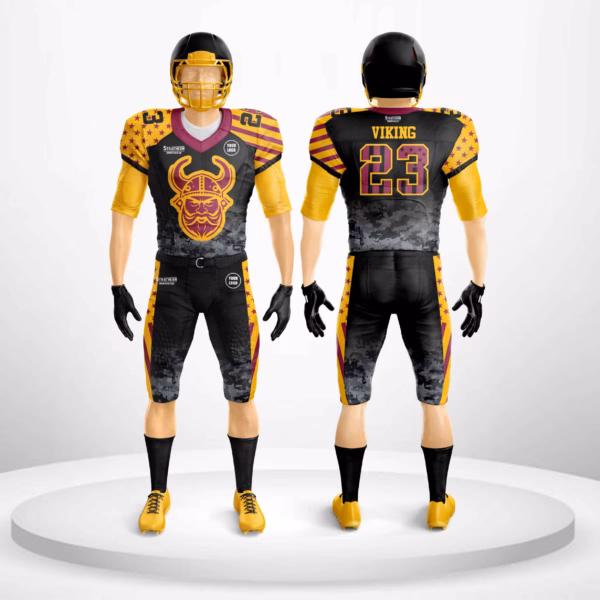 Viking Thunder Customizable American Football Fan Apparels featuring bold yellow and black design with Viking face logo.