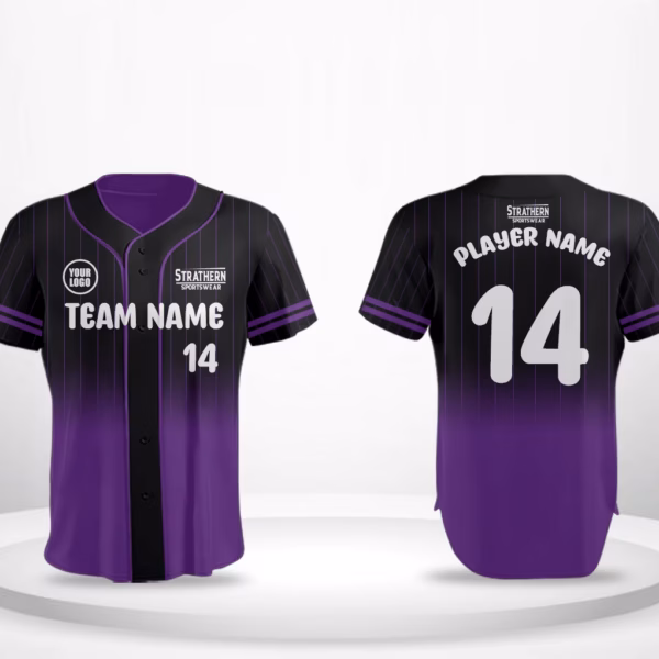 Shadow Amethyst baseball jerseys with purple-to-black gradient, white lettering, and customizable team logos for a bold, professional look.
