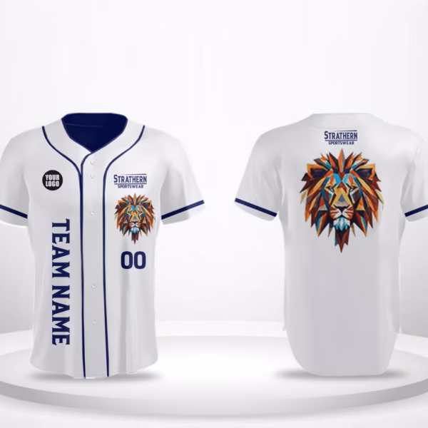 Lion’s Pride baseball jersey featuring bold blue letters, sleek borders, and a lion face design. Perfect custom jerseys for baseball teams.
