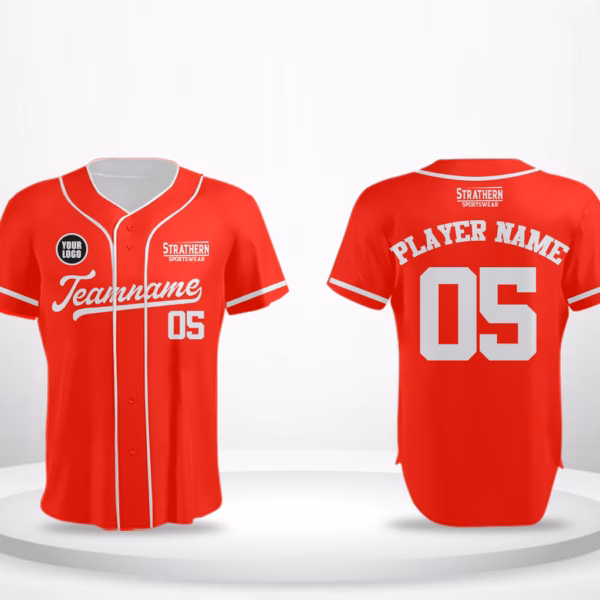 Scarlet Momentum customized baseball jerseys featuring a bold red base with white detailing. Custom jerseys for baseball teams, ideal for games and training.