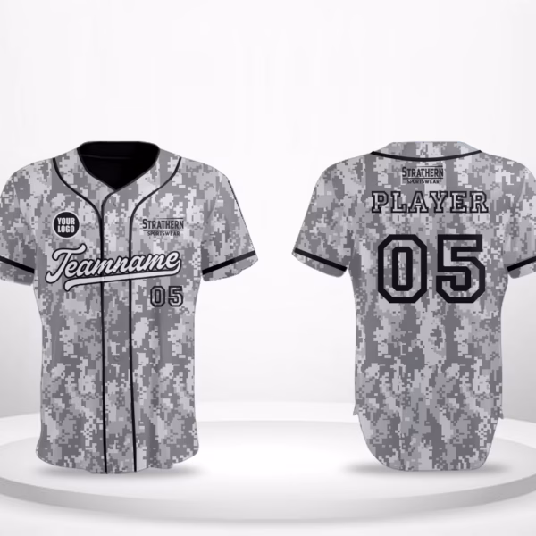 Custom Made Baseball Uniforms featuring Arctic Camo jersey with silver and white camouflage, perfect for teams and leagues.