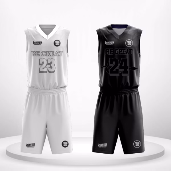 Premium Venom Edge Personalized reversible basketball uniforms featuring bold black and white colors, 3D-effect fonts, and a snake motif."