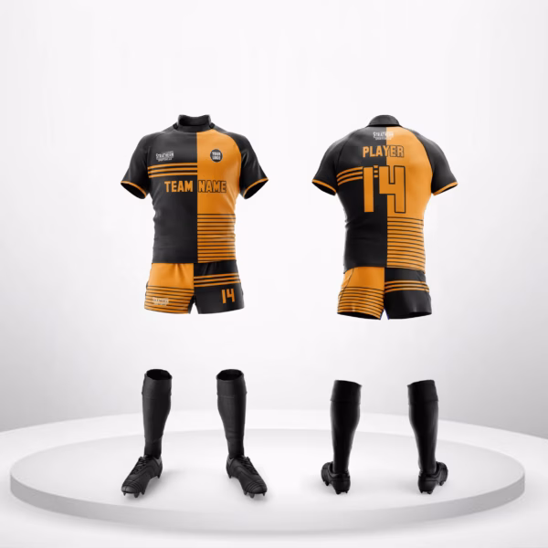 Inferno Divide Rugby Jerseys – Half-black and half-orange rugby uniform with bold lettering, perfect for Rugby Union and Rugby Sevens teams.