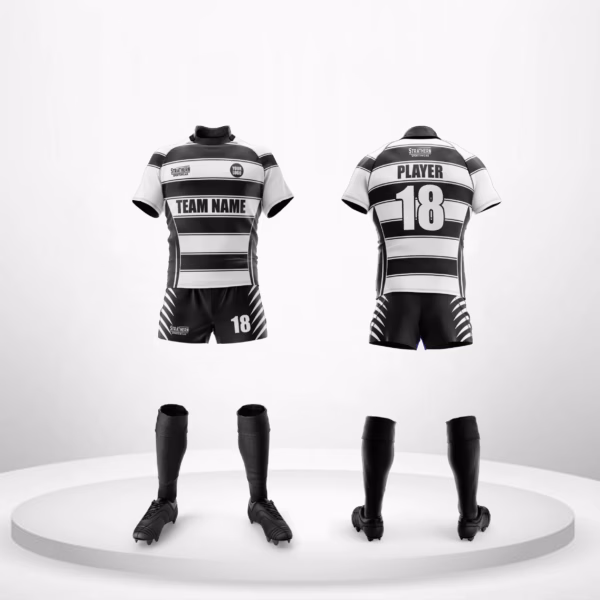 Monochrome Stride Rugby Kit with bold black-and-white stripes, styled borders, and customizable socks as part of USA Rugby Merchandise.