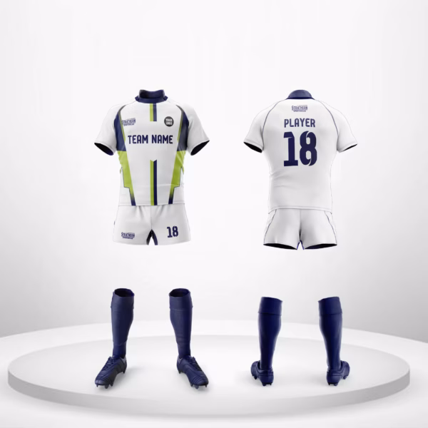 Aqua Surge Rugby Team Uniforms with white fabric, vertical green and blue stripes, and customizable blue socks.
