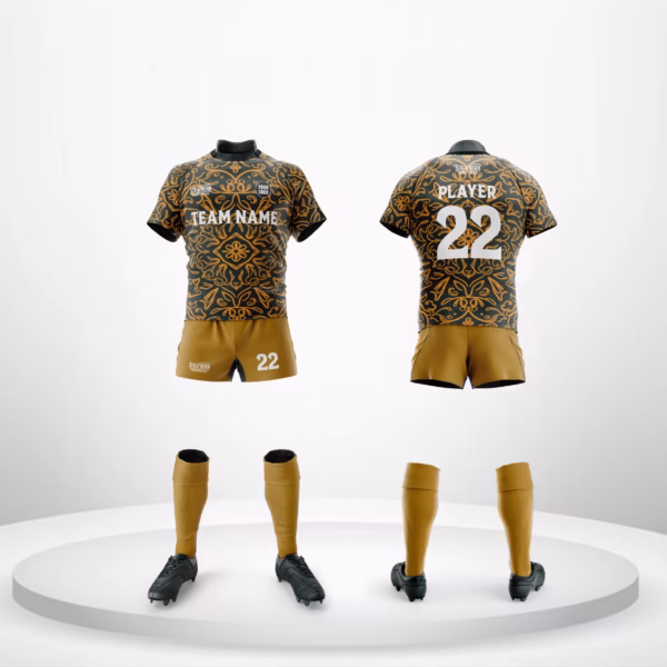 Custom Rugby Jerseys – Earthbound Legacy rugby kit with aboriginal green designs on a premium brown base, perfect for Rugby Union and Rugby Sevens.