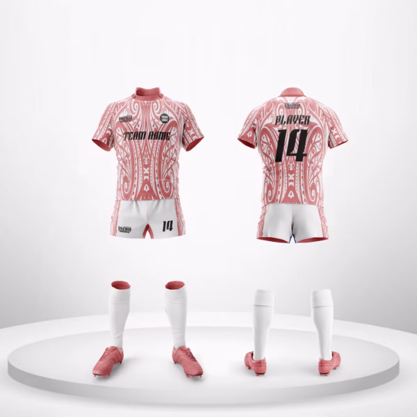 Frosted Blaze Rugby Kit: Vibrant pink jersey with white aboriginal artwork and matching customizable socks for premium rugby apparels.