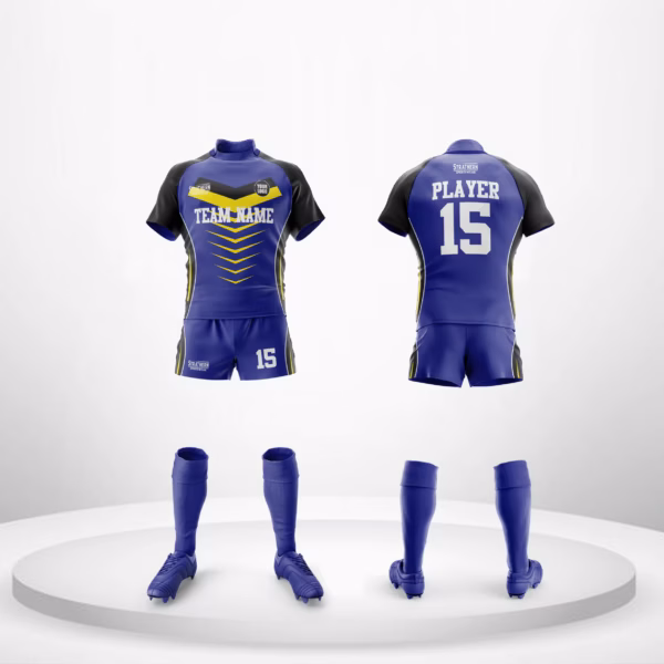 Navy-blue Solar Arrow Rugby Kit with yellow arrow accents, white socks, and customizable options for premium rugby gear