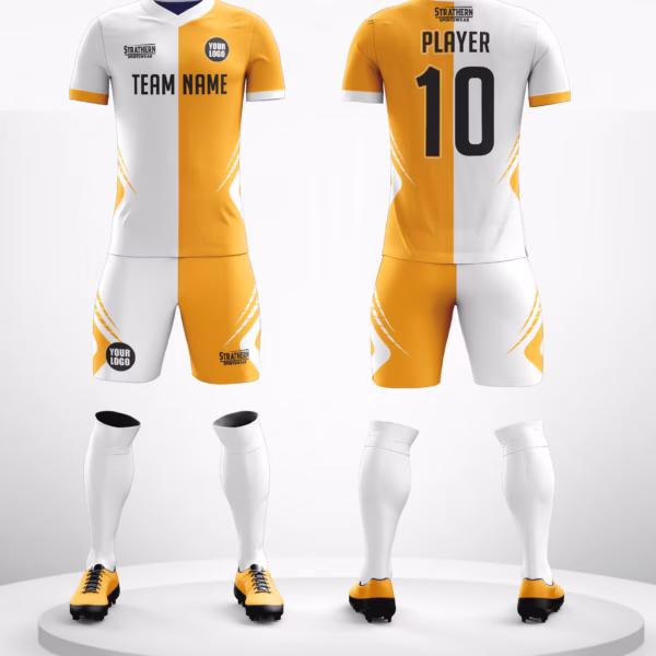 Solar Horizon soccer kit with half-white, half-yellow design, featuring bold black lettering for custom soccer jerseys.