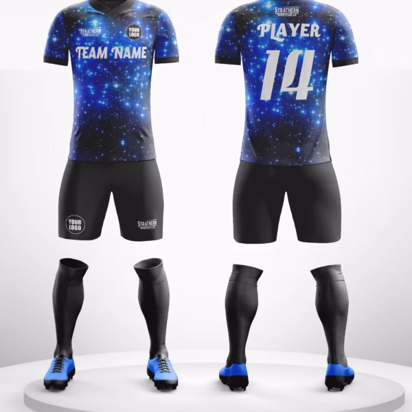 Starlight Eclipse Custom Soccer Uniforms featuring a black jersey with shining blue stars, paired with matching black shorts and socks.