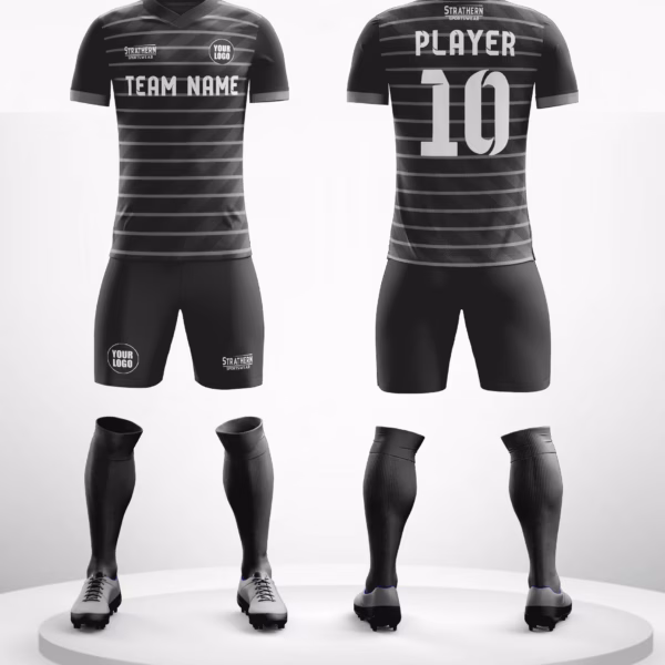 Eclipse Noir Soccer Team Uniforms with an all-black design and grey horizontal line accents, ideal for soccer teams