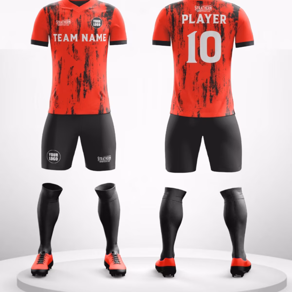Ruby Vortex Custom Football Jerseys with vibrant red jersey, black patterns, and white lettering, perfect for custom football jerseys.
