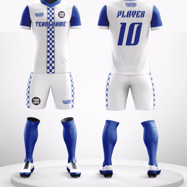 Royal Checkmate Customize Football Jerseys featuring checkered blue-and-white pattern and solid blue sleeves.