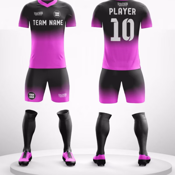 Violet Vortex Youth Football Jerseys with purple and black gradient, featuring white lettering and black shorts.