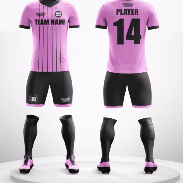 Midnight Bloom Football Jerseys Custom Design featuring a pink jersey with a black stripe and black shorts, perfect for football jersey custom design.
