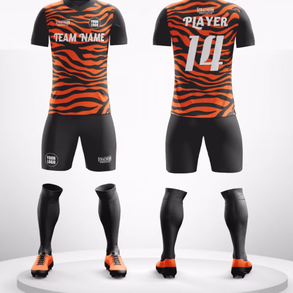 Tiger's Fury Customized Jerseys Soccer featuring a bold orange jersey with black tiger-stripe detailing for a fierce look.