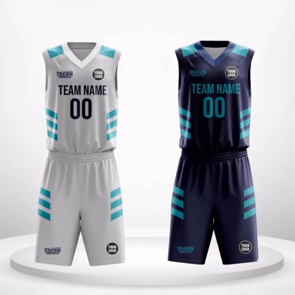Silver Streak Personalized reversible basketball jerseys with silver and blue color combination and bold side strips.