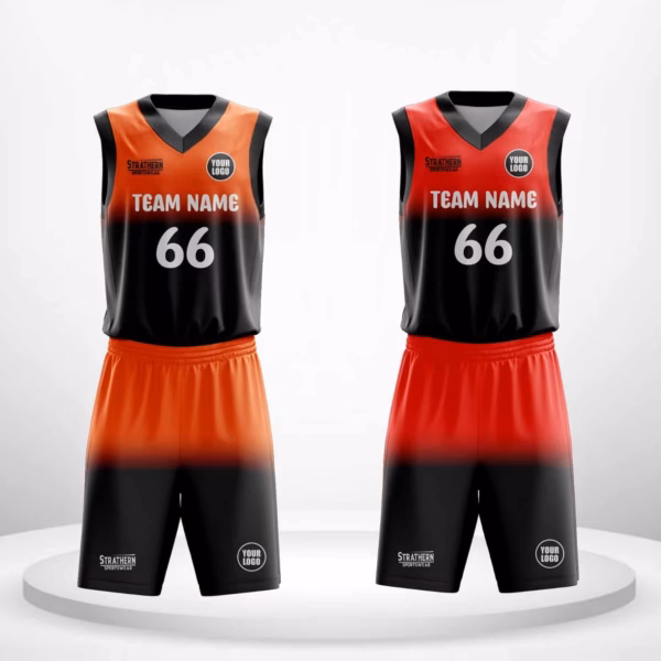Ember Fusion reversible basketball jerseys with numbers in orange-black and red-black styles.