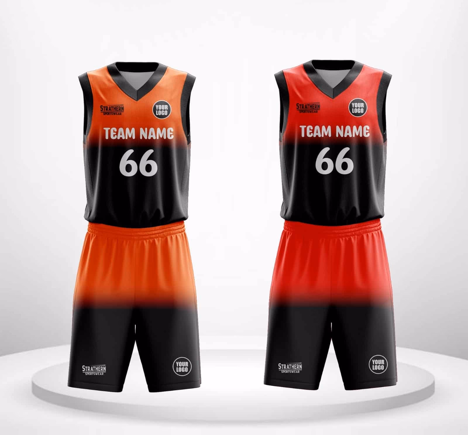 Ember Fusion reversible basketball jerseys with numbers in orange-black and red-black styles.