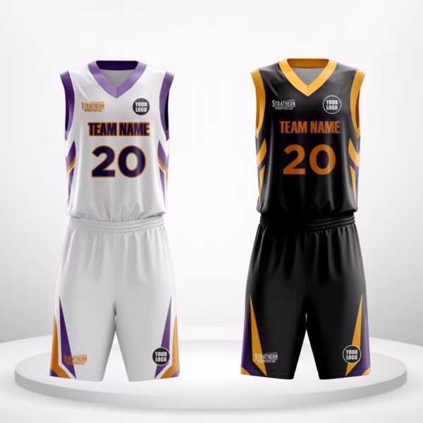 ight Strike basketball uniforms reversible in black and white with sharp side strips.