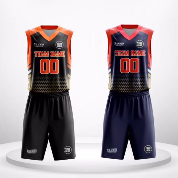 Spectrum Dot custom basketball jerseys reversible in red and blue with custom dotted design and bold borders.