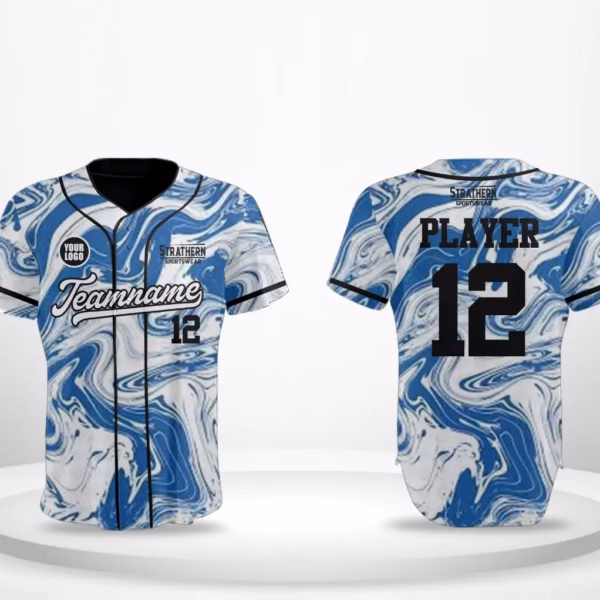 Liquid Flow Premium Baseball Jersey in blue and white liquid mixing flow pattern. Custom baseball practice gear with moisture-wicking material for comfort and style.