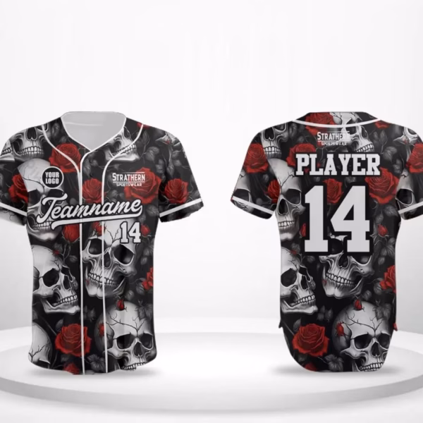 Grim Rose Sublimated Baseball Jerseys featuring skeleton faces and red roses – Custom Baseball Uniforms