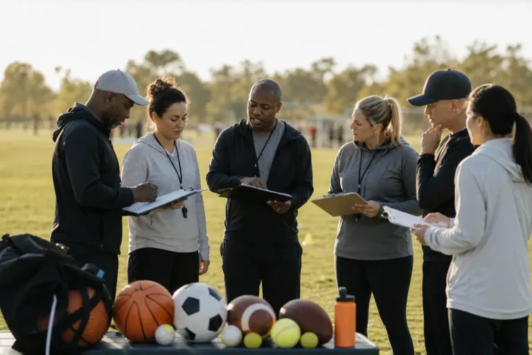 Volunteer coaches reviewing practice plans during a community youth sports orientation.