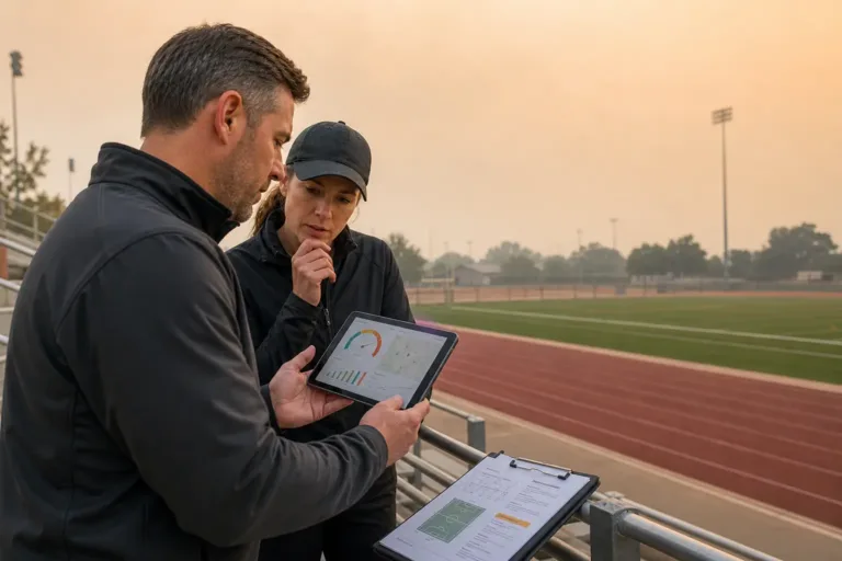 Youth sports staff reviewing an air-quality plan beside a hazy outdoor athletic field.