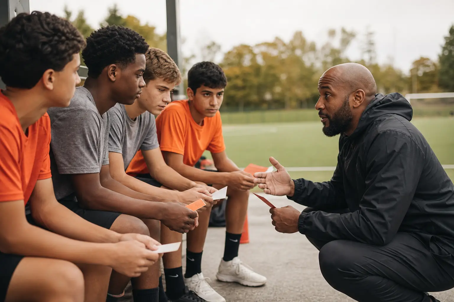 Youth athletes participating in a brief team check-in with a coach beside a practice field.