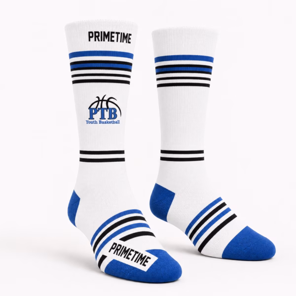 White Prime Time Ballers basketball socks.