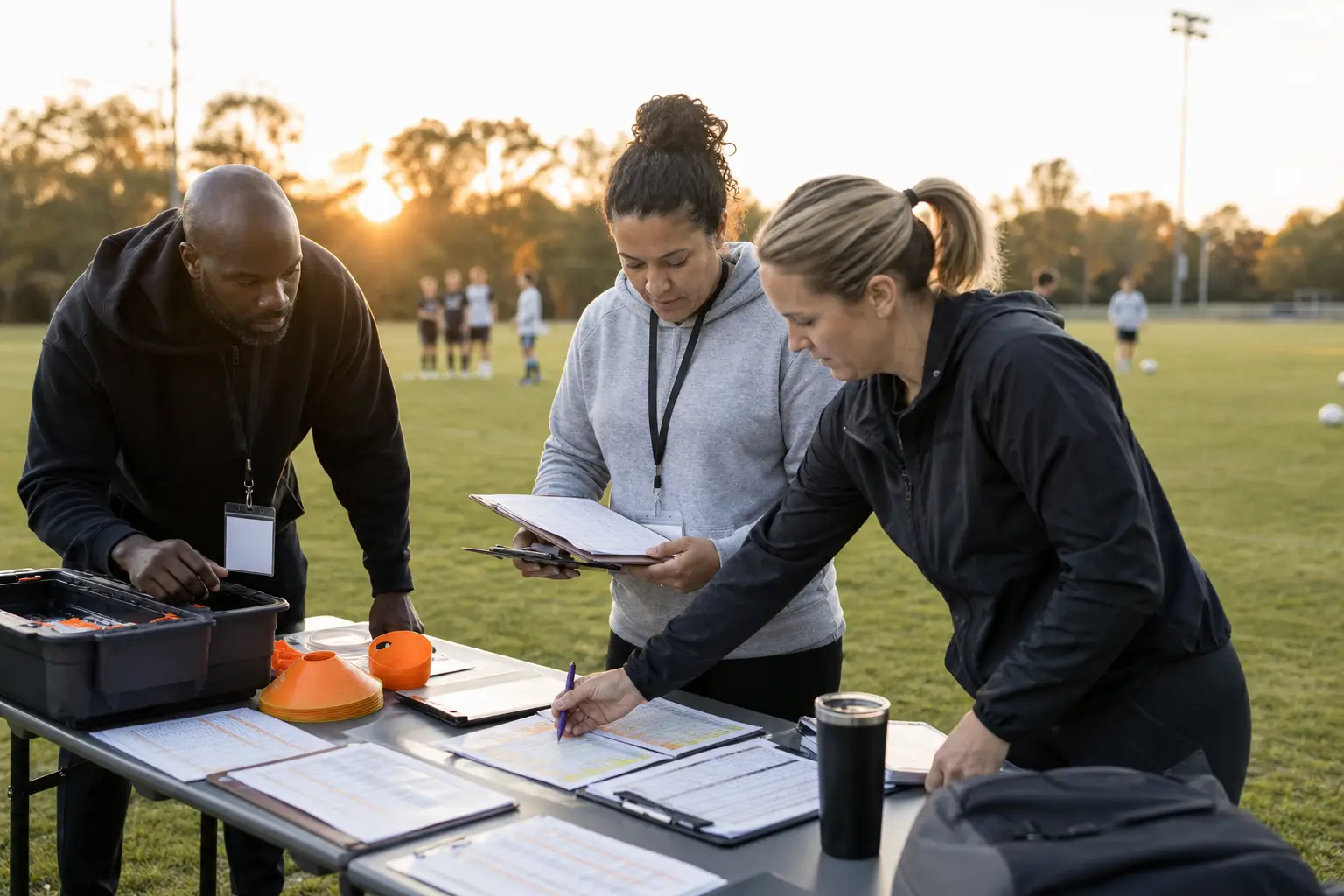 Adult volunteers organizing check-in materials and sports equipment at a community youth field.
