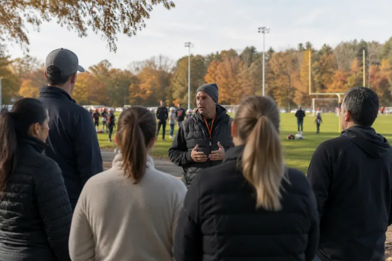 Adults attending a preseason sideline expectations meeting at a community youth sports field.