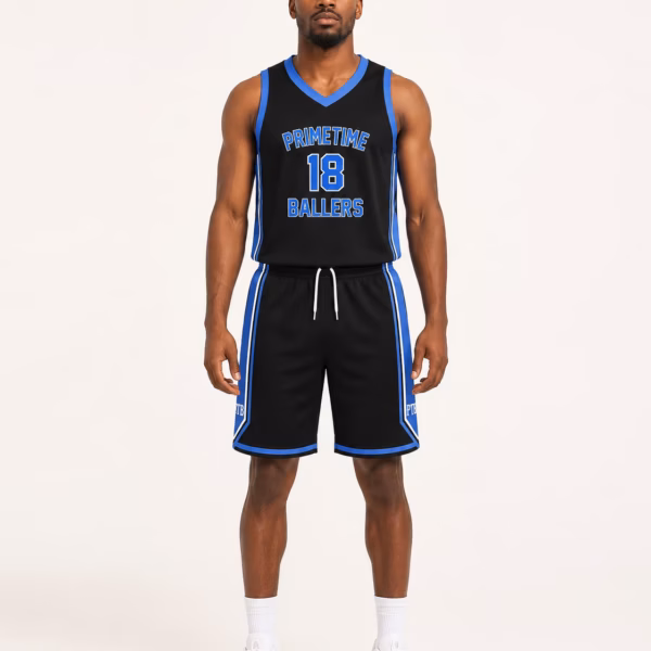 Front view of the PTB Premium Game Black basketball uniform.