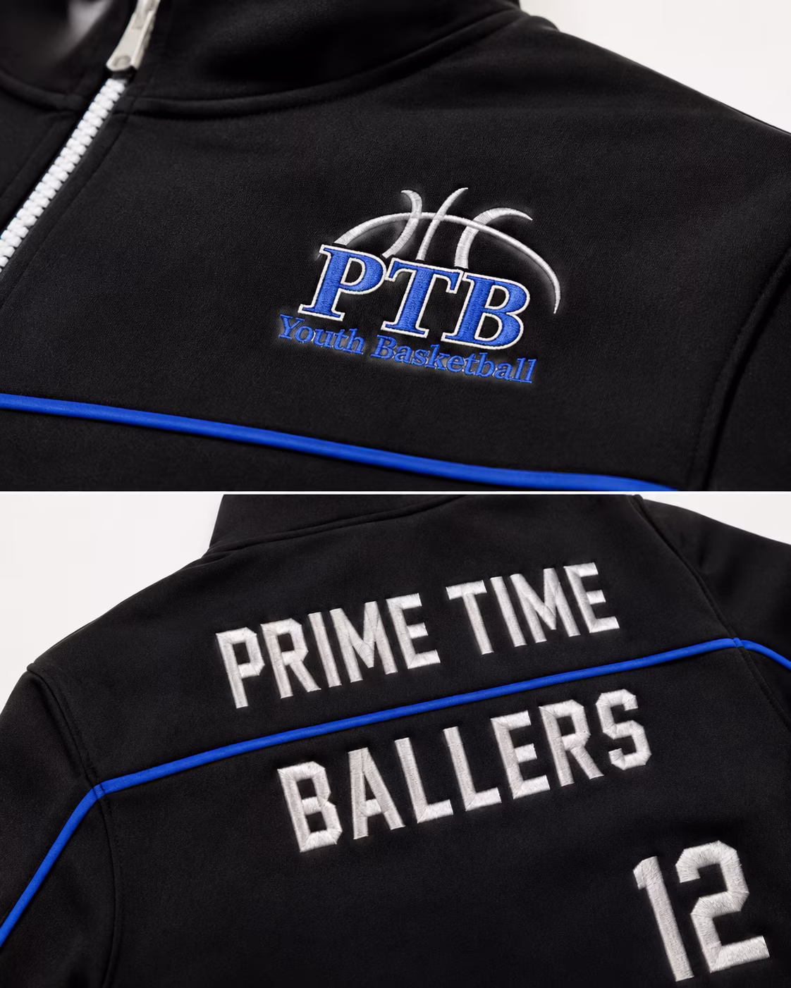 Close-up of the embroidered Prime Time Ballers logo on the PTB practice jersey.